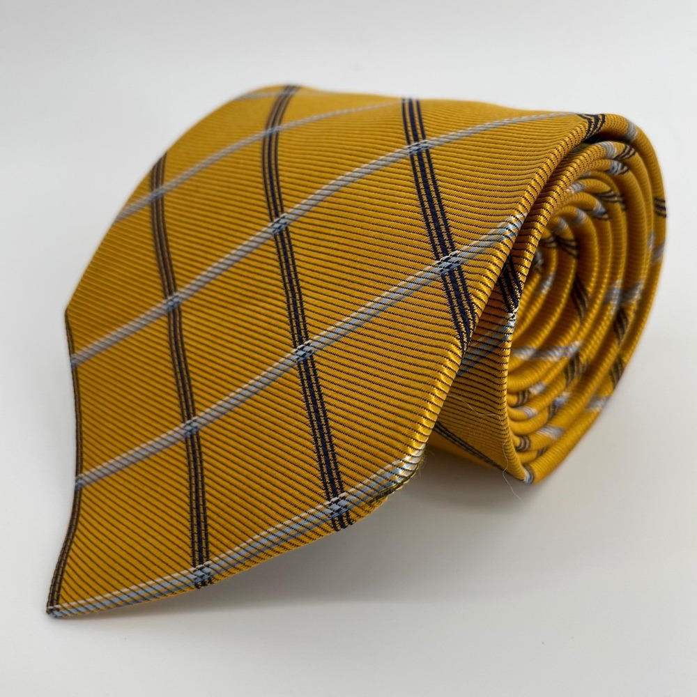 Brooks Brothers Makers Mens Yellow Navy Blue Plaid Silk Tie Woven in England USA